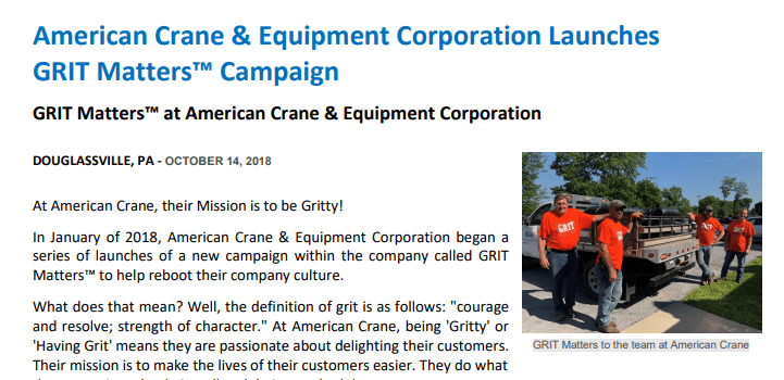 American Crane & Equipment Corporation Launches GRIT Matters™ Campaign