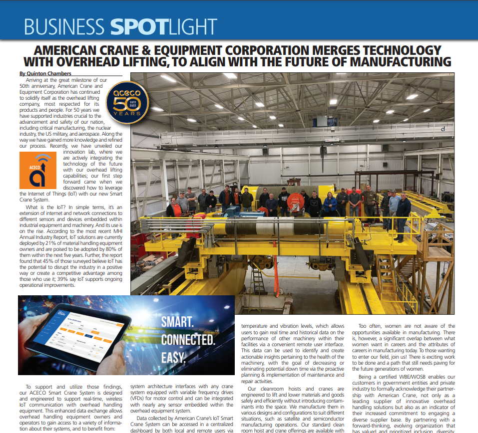 422 Business: ACECO Merges Technology with Overhead Lifting to Align with the Future of Manufacturing