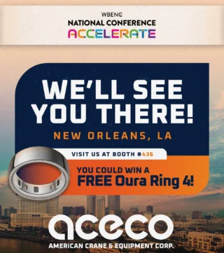We’re heading to New Orleans! 
 
American Crane is excited to be part of the WBENC National Conference: Accelerate — the largest event for women-owned businesses in the U.S.!
📍 Booth #436
🎟️ Stop by and enter for a chance to WIN a FREE Oura Ring 4!
 
Will we see you there?!